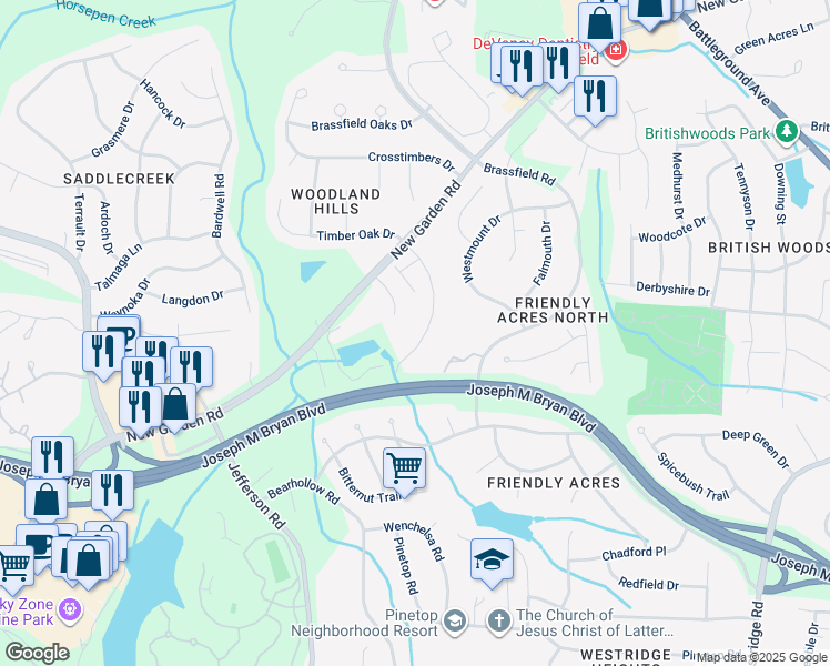 map of restaurants, bars, coffee shops, grocery stores, and more near 1809 Strathmore Drive in Greensboro
