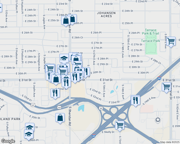 map of restaurants, bars, coffee shops, grocery stores, and more near 2879 South 66th East Place in Tulsa