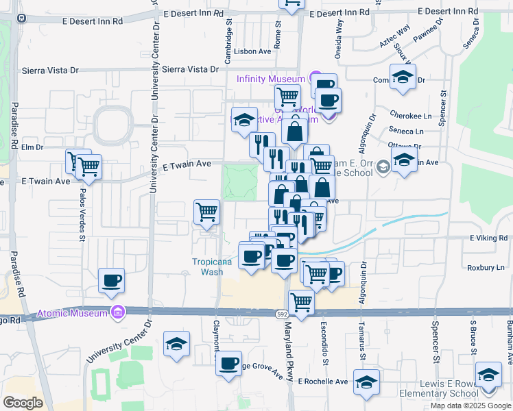 map of restaurants, bars, coffee shops, grocery stores, and more near 3823 South Maryland Parkway in Las Vegas