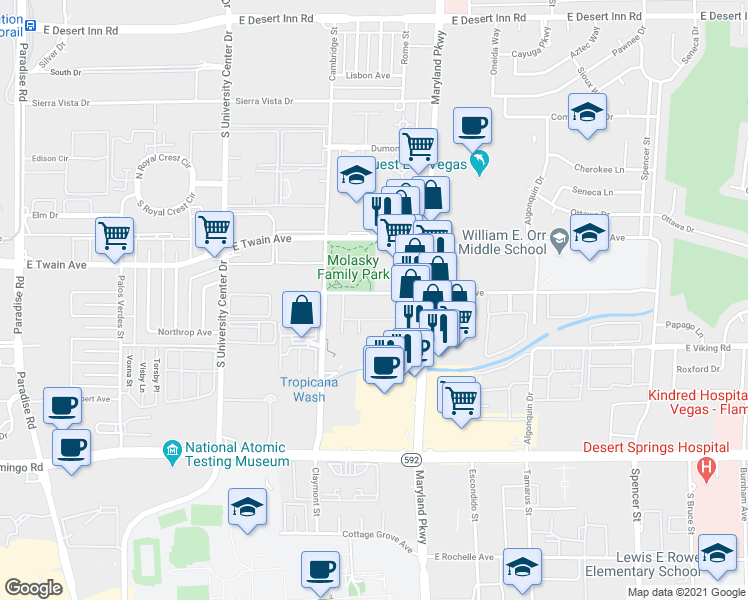 map of restaurants, bars, coffee shops, grocery stores, and more near 3823 South Maryland Parkway in Las Vegas