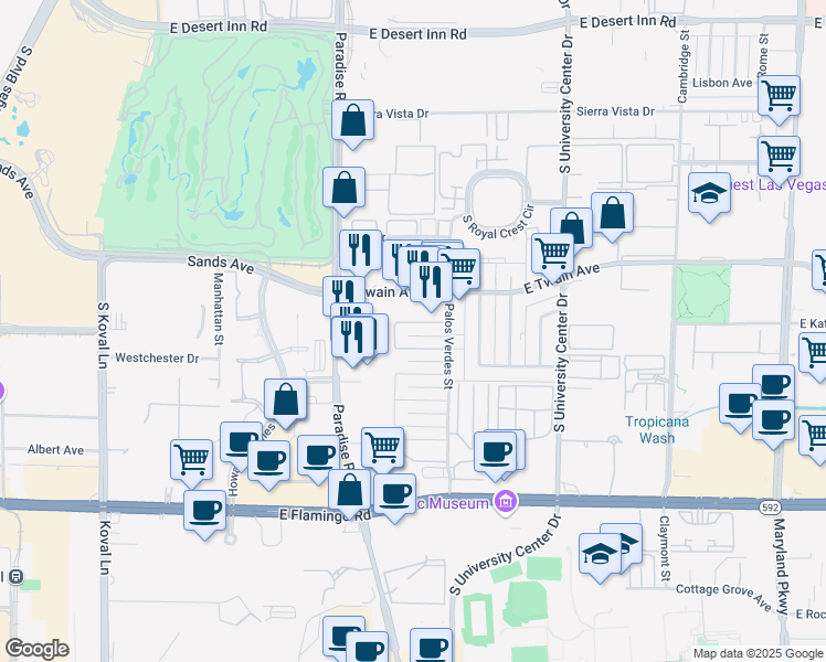 map of restaurants, bars, coffee shops, grocery stores, and more near 465 North Circle in Las Vegas