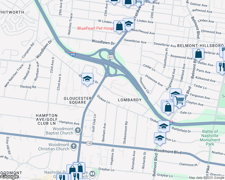 map of restaurants, bars, coffee shops, grocery stores, and more near 2010 Lombardy Avenue in Nashville
