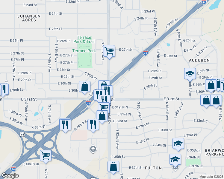 map of restaurants, bars, coffee shops, grocery stores, and more near 3001 South Memorial Drive in Tulsa