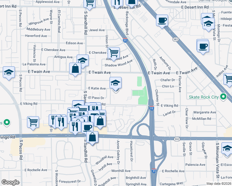 map of restaurants, bars, coffee shops, grocery stores, and more near 3850 Annie Oakley Drive in Las Vegas