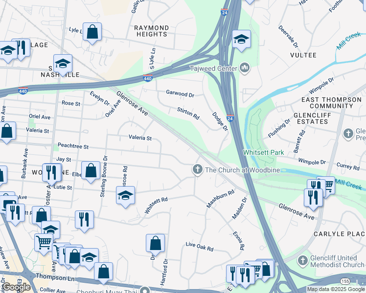 map of restaurants, bars, coffee shops, grocery stores, and more near 2421 Glenrose Avenue in Nashville