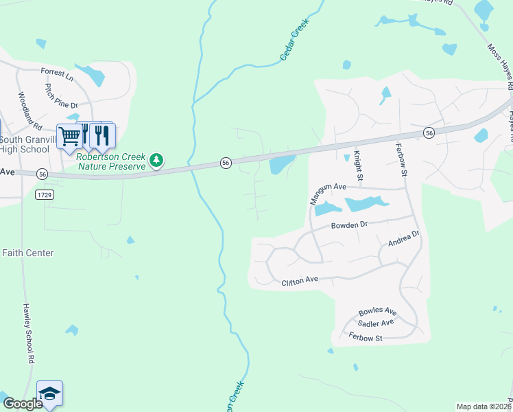 map of restaurants, bars, coffee shops, grocery stores, and more near 320 Hidden Valley Drive in Creedmoor