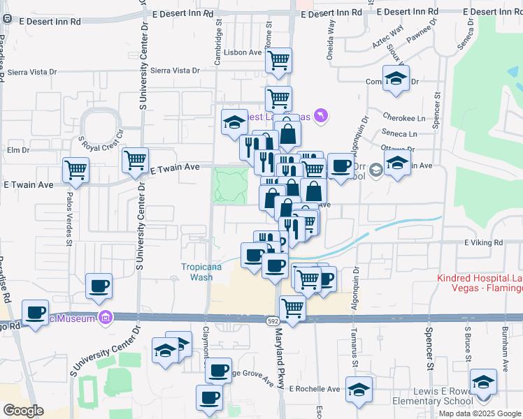 map of restaurants, bars, coffee shops, grocery stores, and more near 3823 South Maryland Parkway in Las Vegas