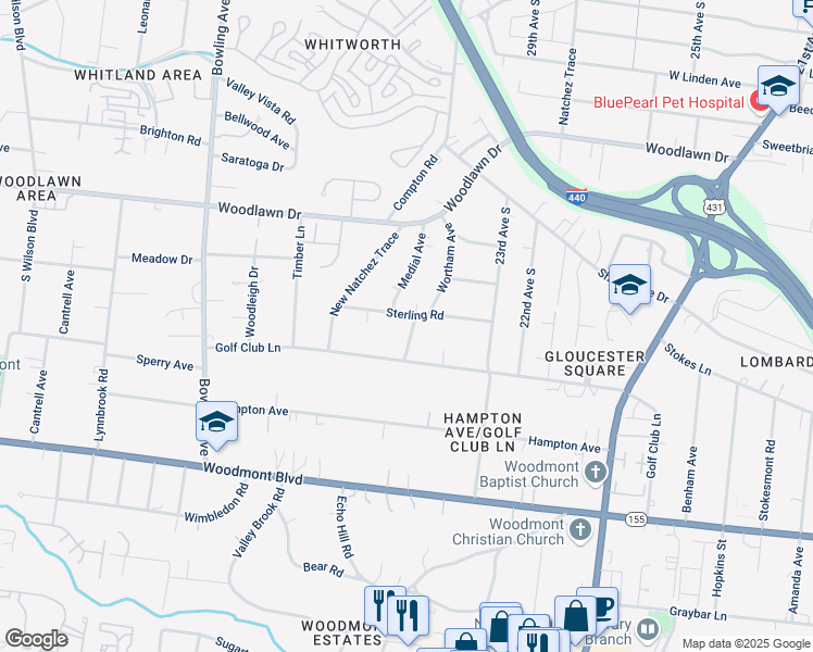 map of restaurants, bars, coffee shops, grocery stores, and more near 2400 Sterling Road in Nashville