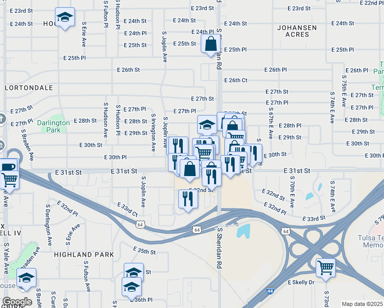 map of restaurants, bars, coffee shops, grocery stores, and more near 6201 East 30th Place in Tulsa