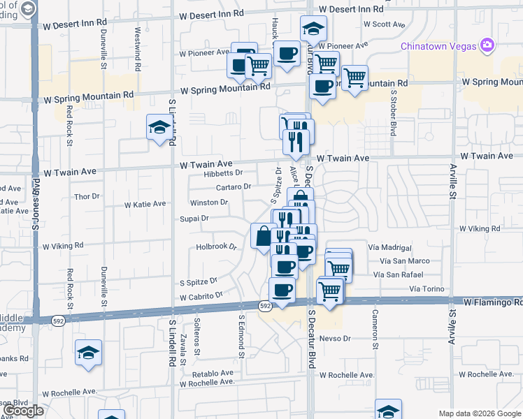 map of restaurants, bars, coffee shops, grocery stores, and more near 3835 South Spitze Drive in Las Vegas