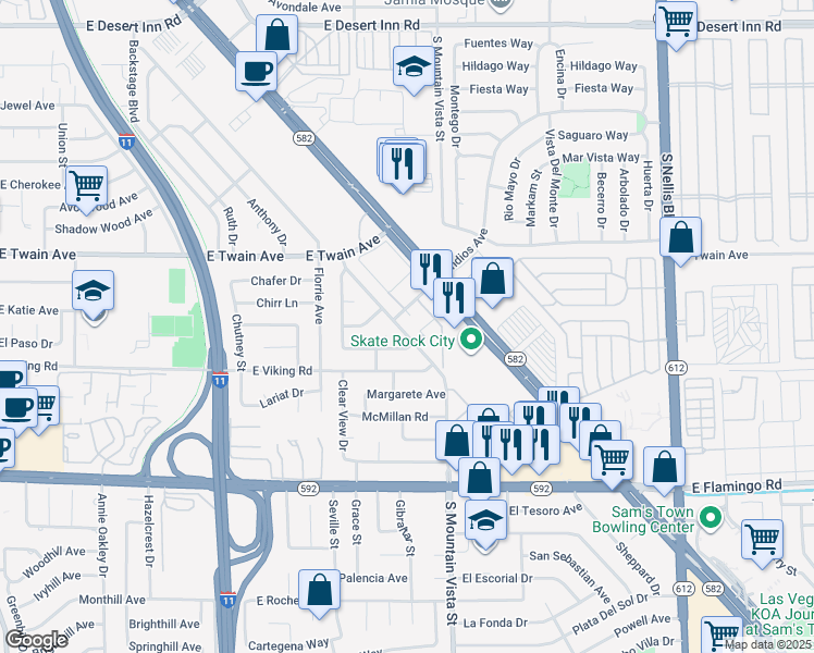 map of restaurants, bars, coffee shops, grocery stores, and more near 104 South Mountain Vista Street in Las Vegas
