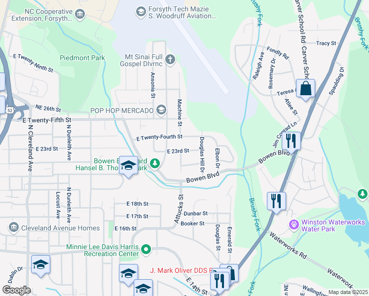 map of restaurants, bars, coffee shops, grocery stores, and more near 2203 23rd Street Northeast in Winston-Salem