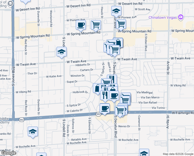map of restaurants, bars, coffee shops, grocery stores, and more near 3835 South Spitze Drive in Las Vegas