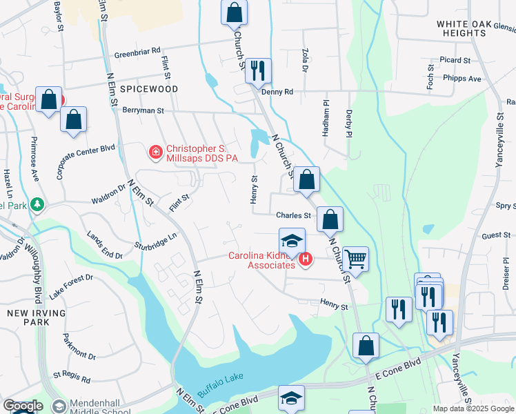 map of restaurants, bars, coffee shops, grocery stores, and more near 3104 Henry St in Greensboro