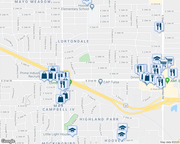 map of restaurants, bars, coffee shops, grocery stores, and more near 5163 East 30th Place in Tulsa
