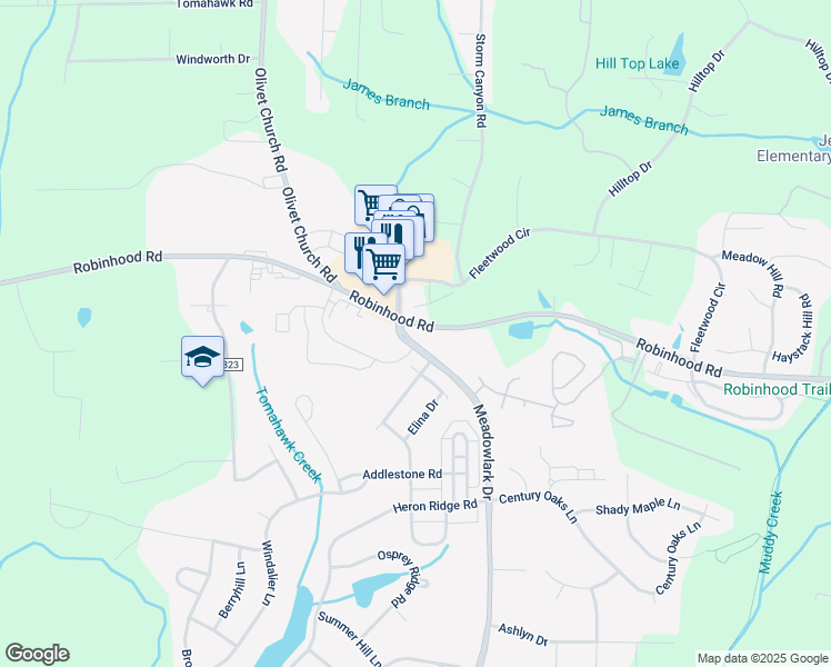 map of restaurants, bars, coffee shops, grocery stores, and more near 5180 Robinhood Road in Winston-Salem
