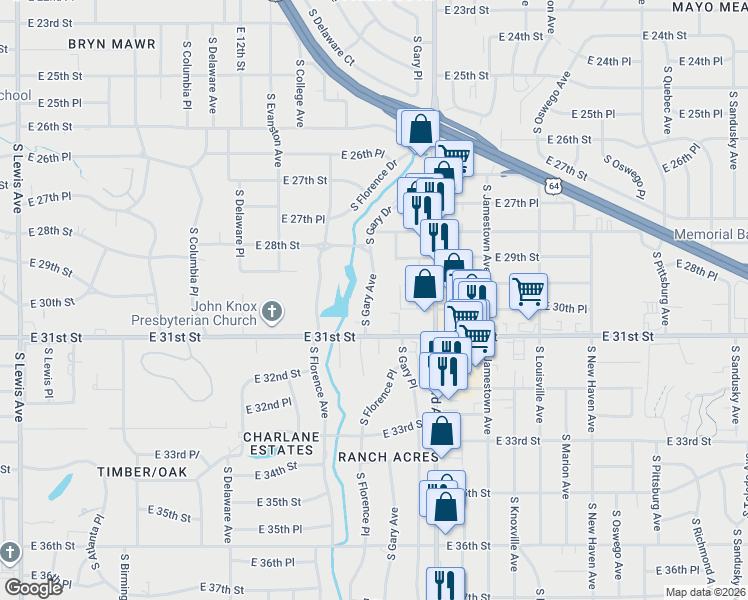 map of restaurants, bars, coffee shops, grocery stores, and more near 2871 South Gary Avenue in Tulsa