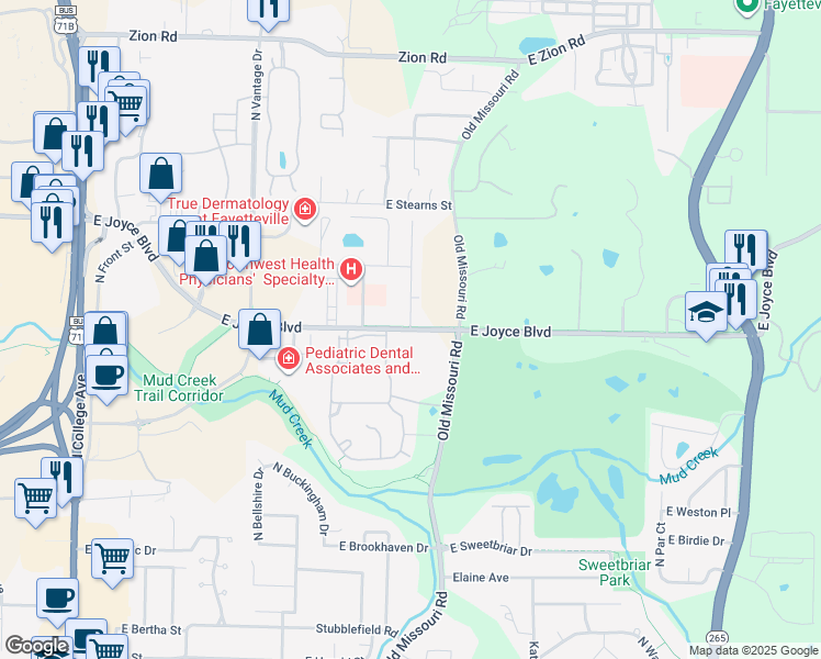 map of restaurants, bars, coffee shops, grocery stores, and more near 3800 North Park Oaks Drive in Fayetteville