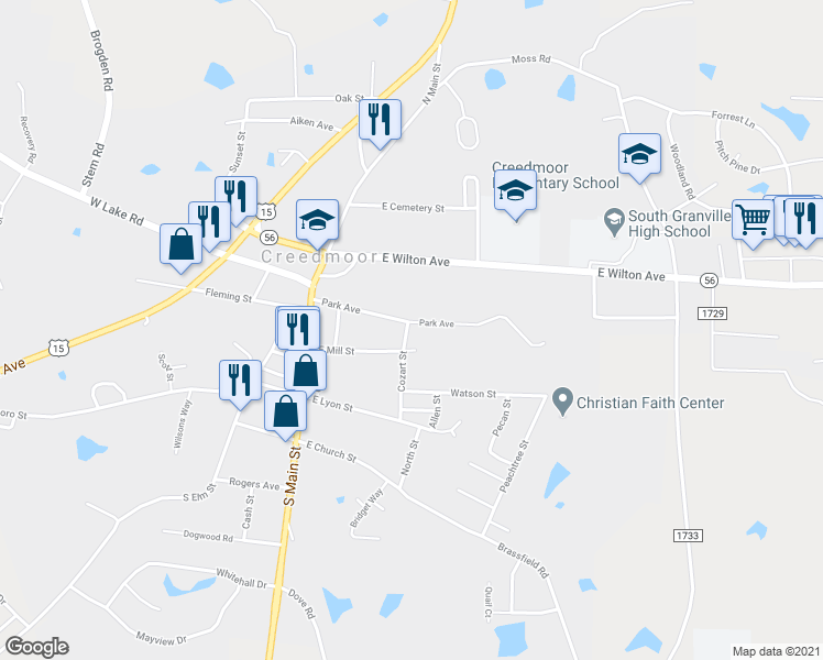 map of restaurants, bars, coffee shops, grocery stores, and more near 302 Park Avenue in Creedmoor
