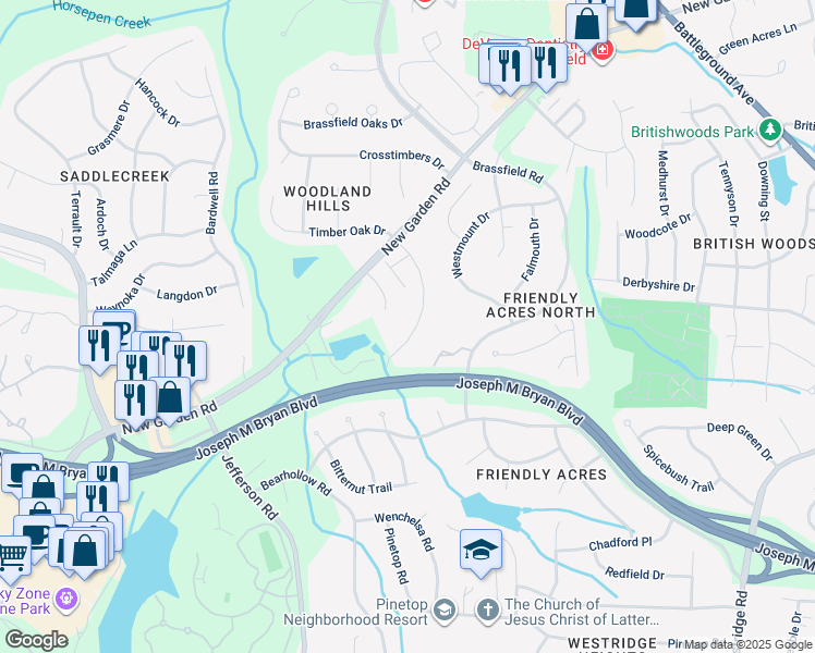 map of restaurants, bars, coffee shops, grocery stores, and more near 1809 Strathmore Drive in Greensboro
