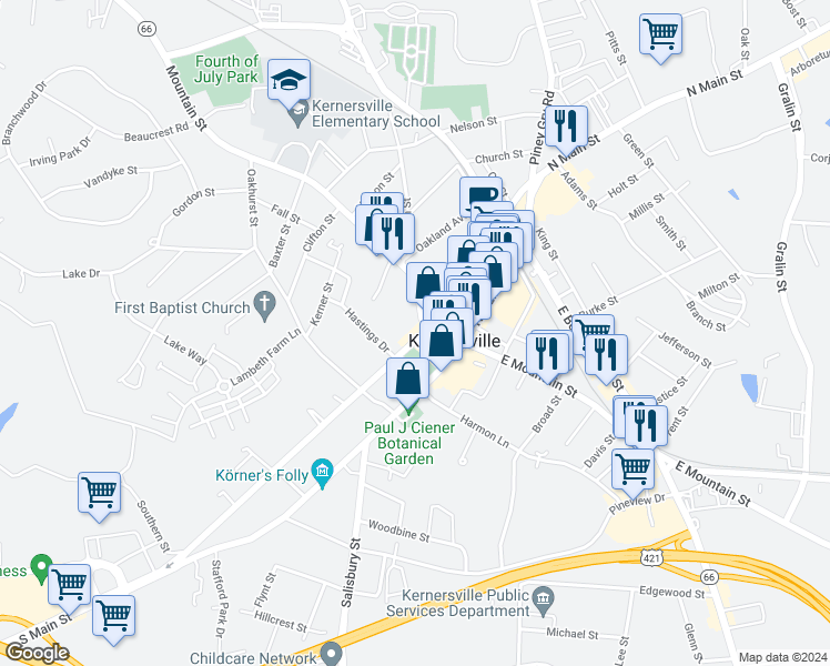 map of restaurants, bars, coffee shops, grocery stores, and more near 354 South Cherry Street in Kernersville