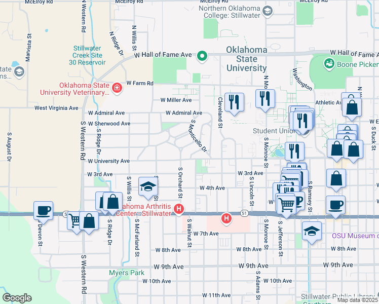 map of restaurants, bars, coffee shops, grocery stores, and more near 160 South Melrose Drive in Stillwater
