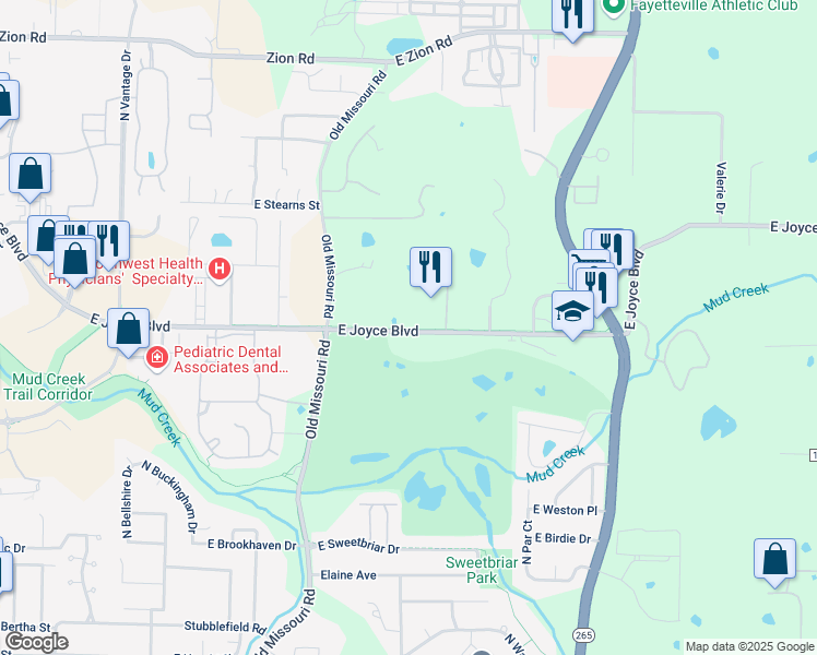 map of restaurants, bars, coffee shops, grocery stores, and more near 2200 East Joyce Boulevard in Fayetteville