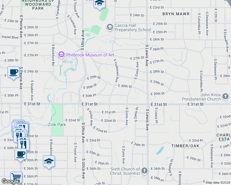 map of restaurants, bars, coffee shops, grocery stores, and more near 2109 East 30th Place in Tulsa
