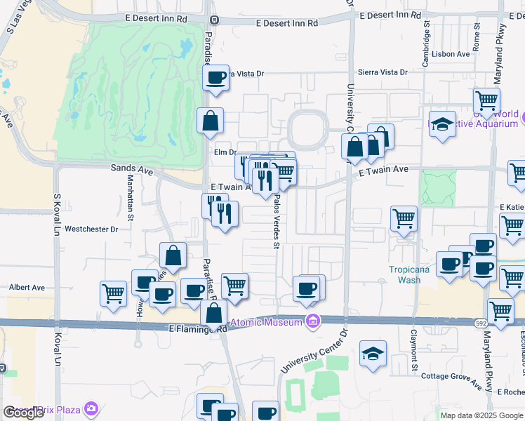map of restaurants, bars, coffee shops, grocery stores, and more near 465 North Circle in Las Vegas