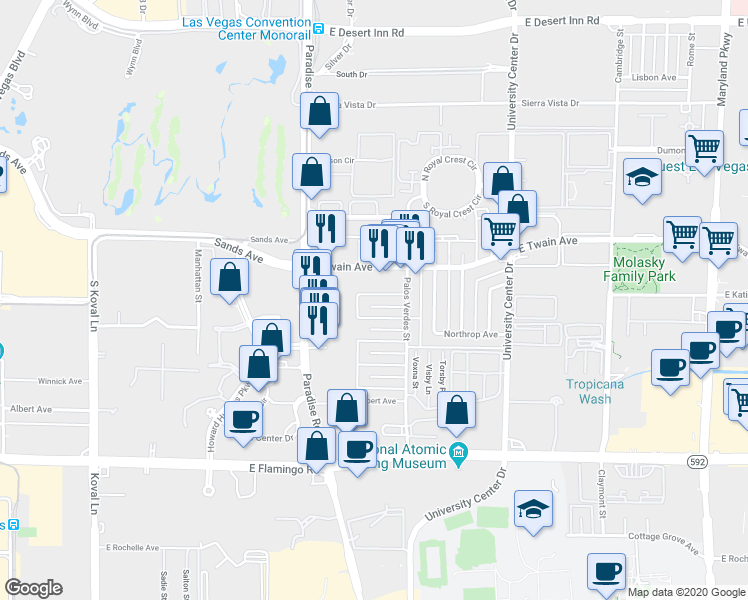 map of restaurants, bars, coffee shops, grocery stores, and more near 465 North Circle in Las Vegas