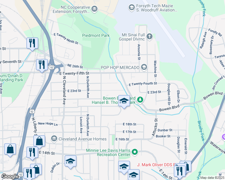 map of restaurants, bars, coffee shops, grocery stores, and more near 1640 23rd Street Northeast in Winston-Salem