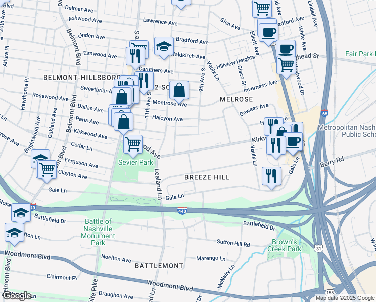 map of restaurants, bars, coffee shops, grocery stores, and more near 915 Kirkwood Avenue in Nashville