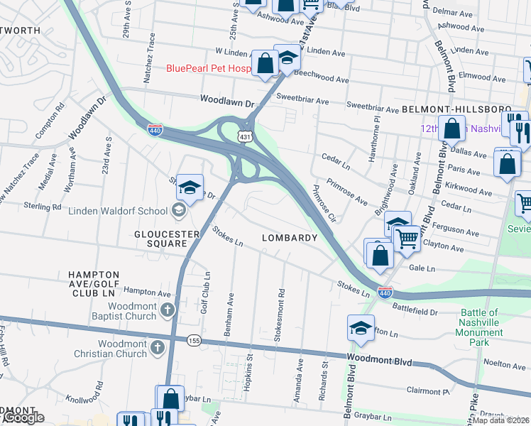 map of restaurants, bars, coffee shops, grocery stores, and more near 1912 Lombardy Avenue in Nashville