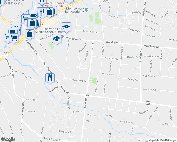 map of restaurants, bars, coffee shops, grocery stores, and more near 804 Crescent Road in Nashville