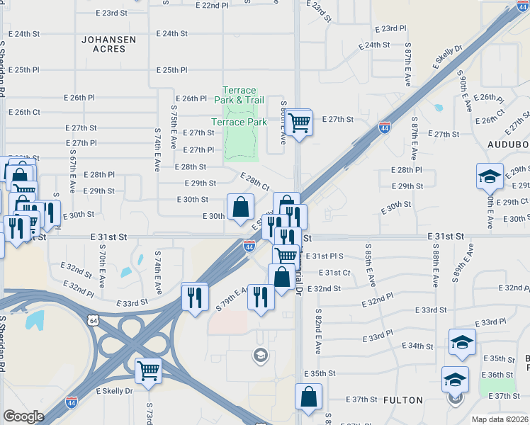 map of restaurants, bars, coffee shops, grocery stores, and more near 7763 East Skelly Drive in Tulsa