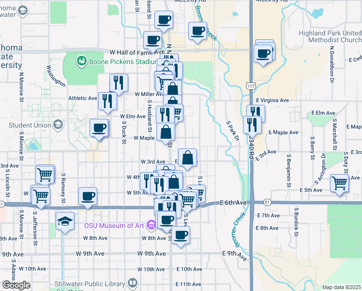 map of restaurants, bars, coffee shops, grocery stores, and more near 214 South Lewis Street in Stillwater