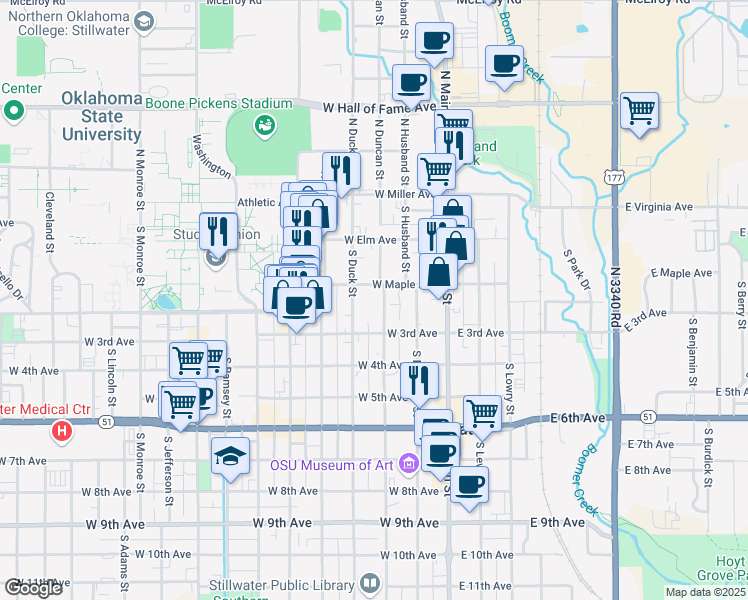 map of restaurants, bars, coffee shops, grocery stores, and more near 216 South Duncan Street in Stillwater