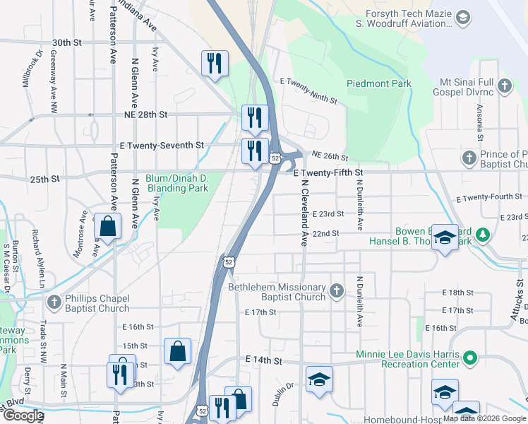 map of restaurants, bars, coffee shops, grocery stores, and more near 916 23rd Street Northeast in Winston-Salem