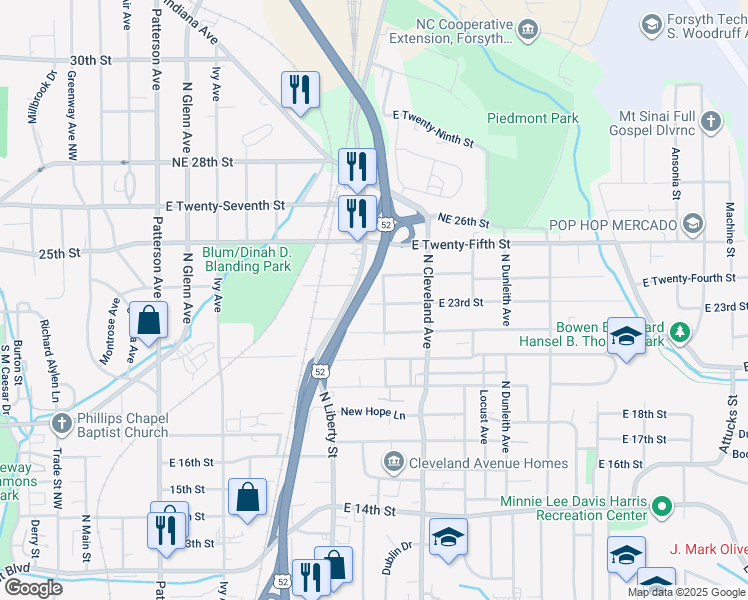 map of restaurants, bars, coffee shops, grocery stores, and more near 925 East 23rd Street in Winston-Salem