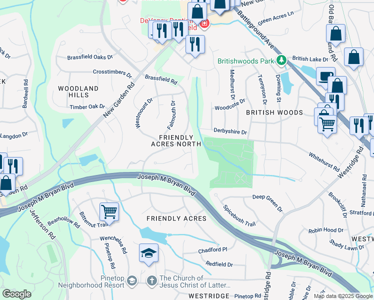map of restaurants, bars, coffee shops, grocery stores, and more near 2001 Ashton Drive in Greensboro