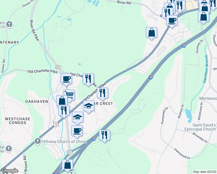 map of restaurants, bars, coffee shops, grocery stores, and more near 7277 Charlotte Pike in Nashville
