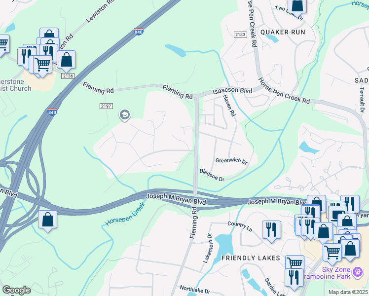 map of restaurants, bars, coffee shops, grocery stores, and more near 1 Country Woods Court in Greensboro