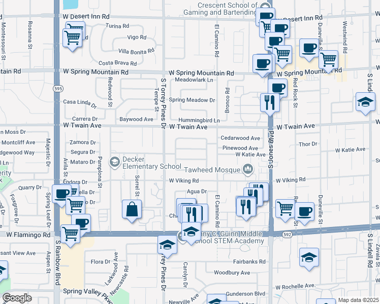 map of restaurants, bars, coffee shops, grocery stores, and more near 6401 Waterthrush Way in Las Vegas