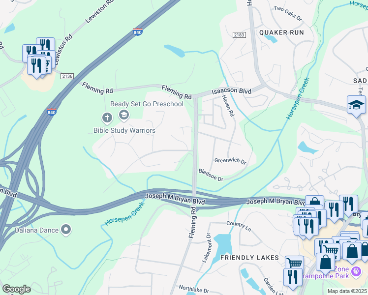 map of restaurants, bars, coffee shops, grocery stores, and more near 1 Country Woods Court in Greensboro