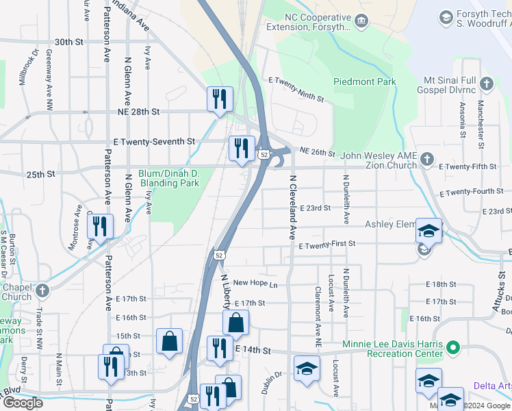 map of restaurants, bars, coffee shops, grocery stores, and more near 925 East 23rd Street in Winston-Salem