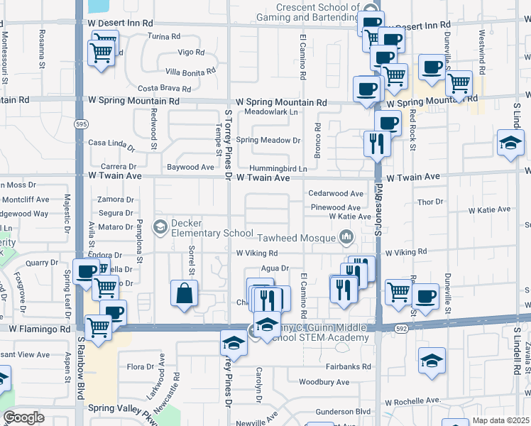 map of restaurants, bars, coffee shops, grocery stores, and more near 6401 Waterthrush Way in Las Vegas