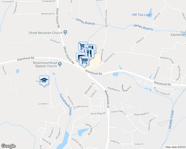map of restaurants, bars, coffee shops, grocery stores, and more near 5180 Robinhood Rd in Winston-Salem