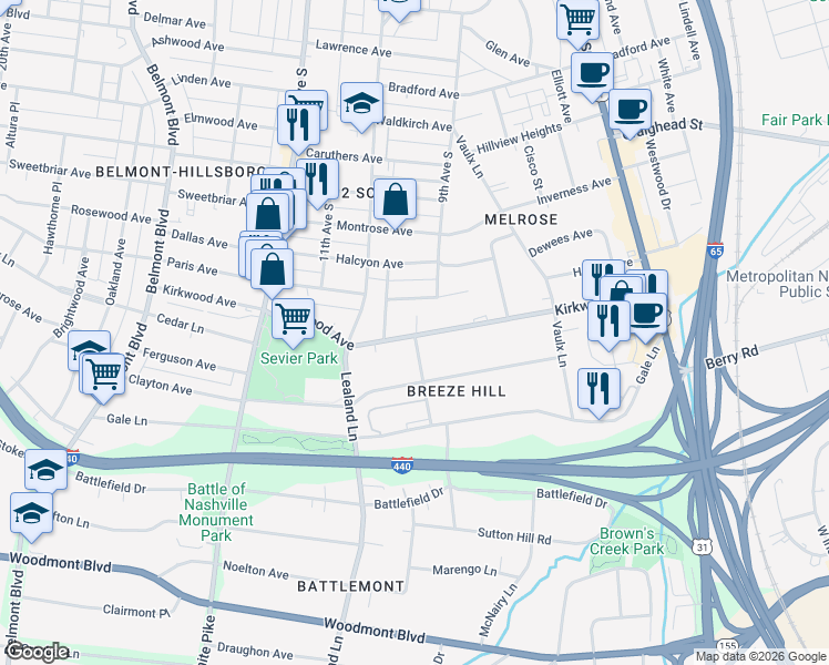map of restaurants, bars, coffee shops, grocery stores, and more near 915 Kirkwood Avenue in Nashville