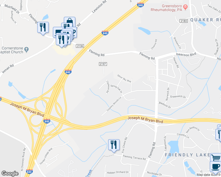 map of restaurants, bars, coffee shops, grocery stores, and more near 4803 Clarkson Road in Greensboro