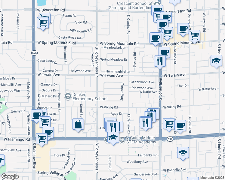 map of restaurants, bars, coffee shops, grocery stores, and more near 6401 Waterthrush Way in Las Vegas